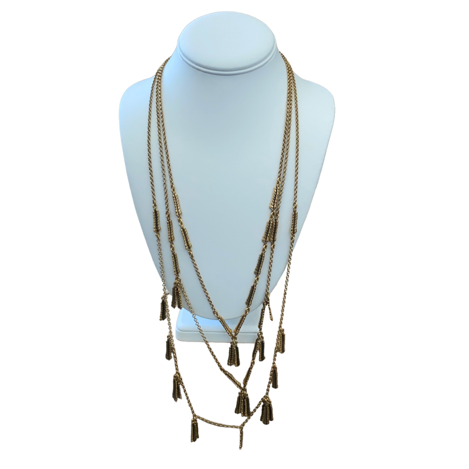 J. Crew Statement 3 Strand Fashion Necklace Gold Tone Feathers Leaves 26" Long
